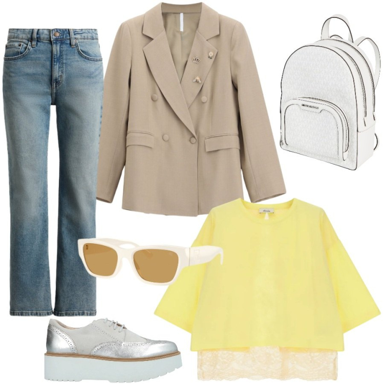 Outfit donna - Urban style. Stile Urban per Tutti i giorni. Abbinamento con scarpe stringate, zaini, blazer, top, jeans dritti, occhiali da sole.