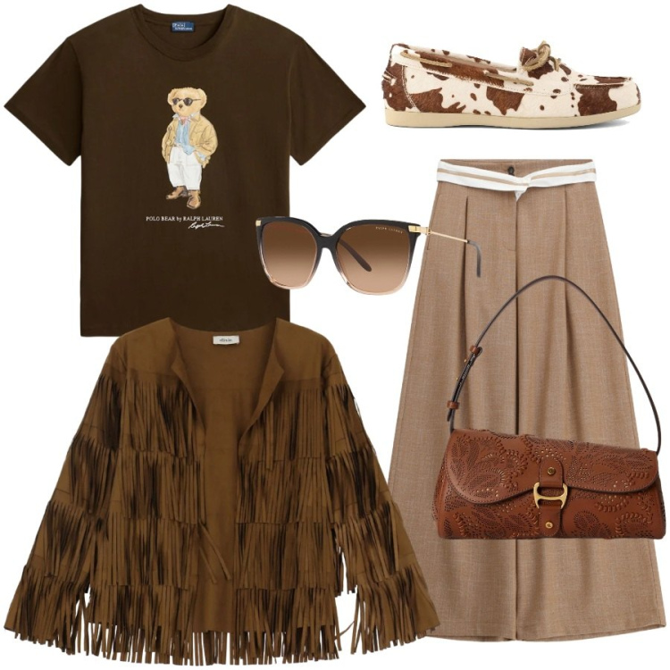 Outfit donna - Western contemporaneo. Stile Casual chic per Tutti i giorni. Abbinamento con pantaloni a palazzo, giacche, occhiali da sole, t-shirt, borse a spalla, mocassini.
