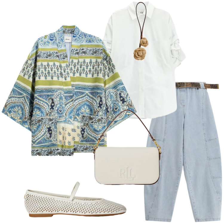 Outfit donna - La camicia bianca. Stile Casual chic per Serata fuori. Abbinamento con jeans, blazer, camicie, borse a spalla, ballerine, ciondoli.