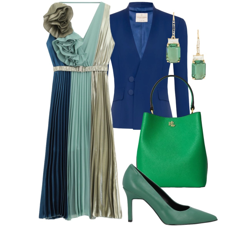 Outfit donna - L’abito plissettato. Stile Chic per Cerimonia. Abbinamento con décolleté, blazer, vestiti asimmetrici, borse a secchiello, orecchini.