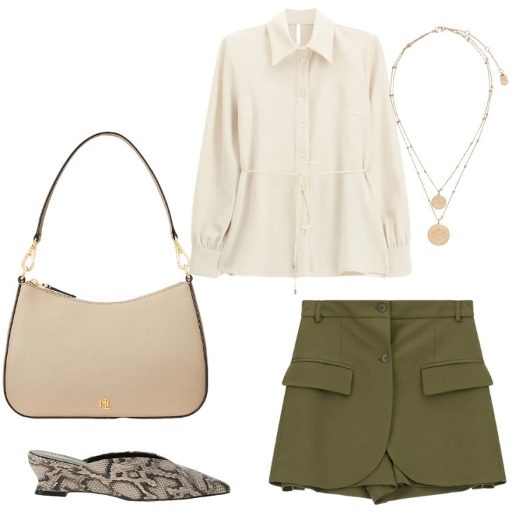 Outfit donna - Eleganza casual. Stile Casual chic per Tutti i giorni. Abbinamento con shorts, camicie, sabot, ciondoli, borse a spalla.