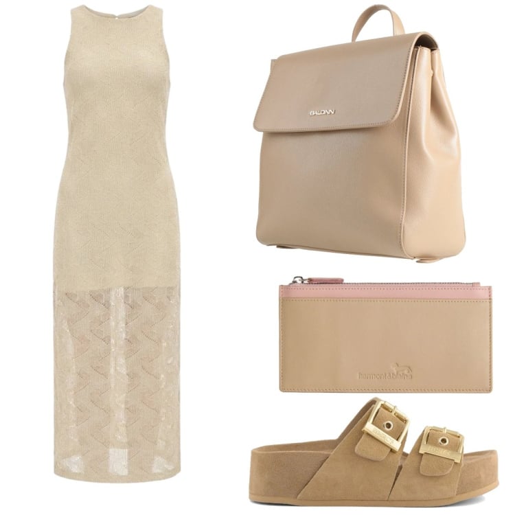Outfit donna - Sabbia. Stile Casual chic per Tutti i giorni. Abbinamento con zaini, portafogli, vestiti midi/longuette, sandali in pelle.