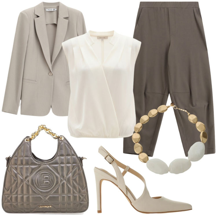 Outfit donna - Alchimia urbana. Stile Casual chic per Ufficio. Abbinamento con blazer, pantaloni a palazzo, décolleté, top, collane, borse a mano.