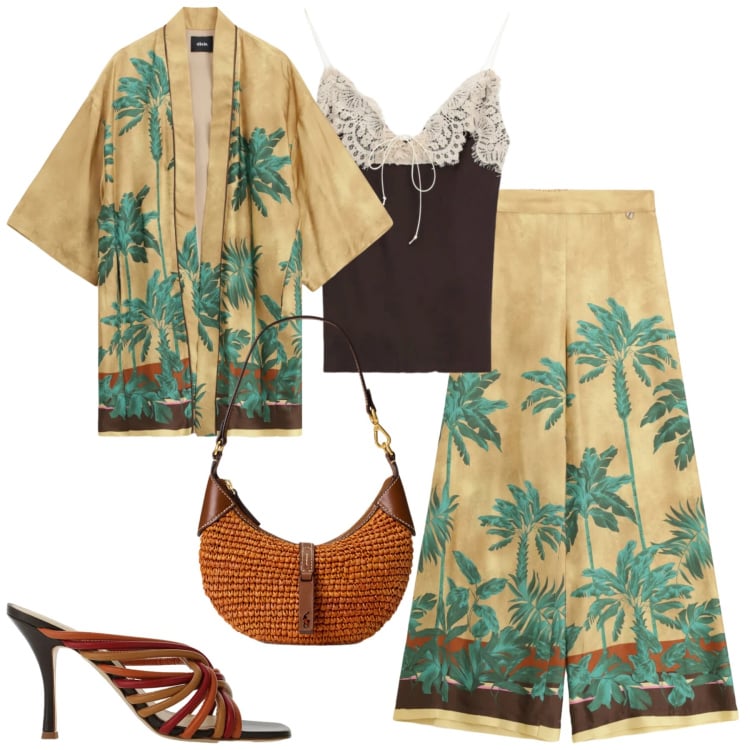 Outfit donna - Sofisticata. Stile Chic per Serata fuori. Abbinamento con sandali, blazer, top, pantaloni a palazzo, borse a spalla.