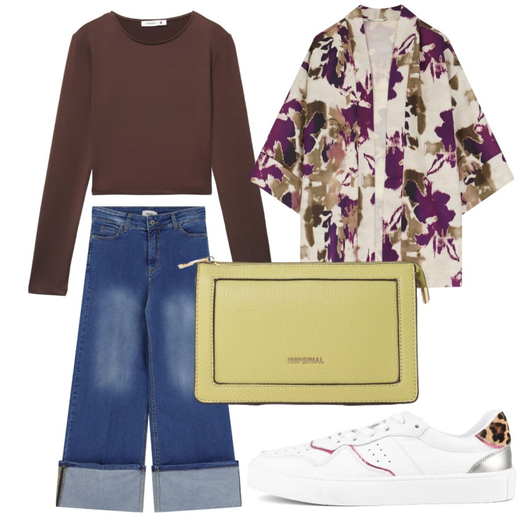 Outfit donna - Il cappotto fantasia. Stile Casual chic per Tutti i giorni. Abbinamento con t-shirt, borse a tracolla, jeans dritti, cappotti, sneakers.
