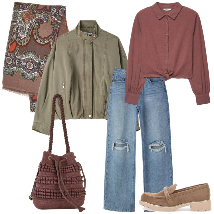Outfit donna - Total look #2396062. Stile Casual chic per Tutti i giorni. Abbinamento con borse a secchiello, camicie, jeans strappati, bomber, foulard, mocassini.