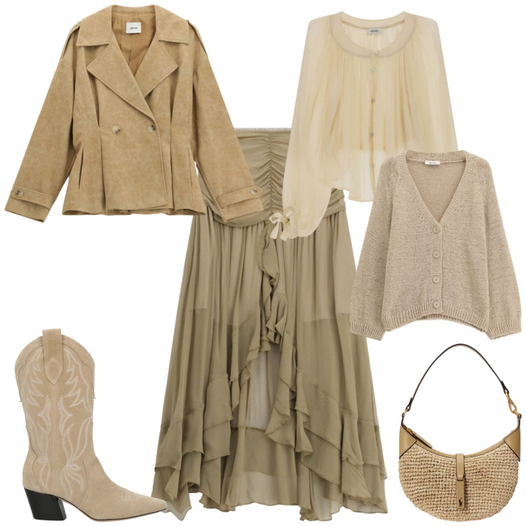 Outfit donna - Boho ufficio week end tempo libero. Stile Boho per Tutti i giorni. Abbinamento con stivali, gonne longuette, cardigans, giacche, camicie, borse a spalla.