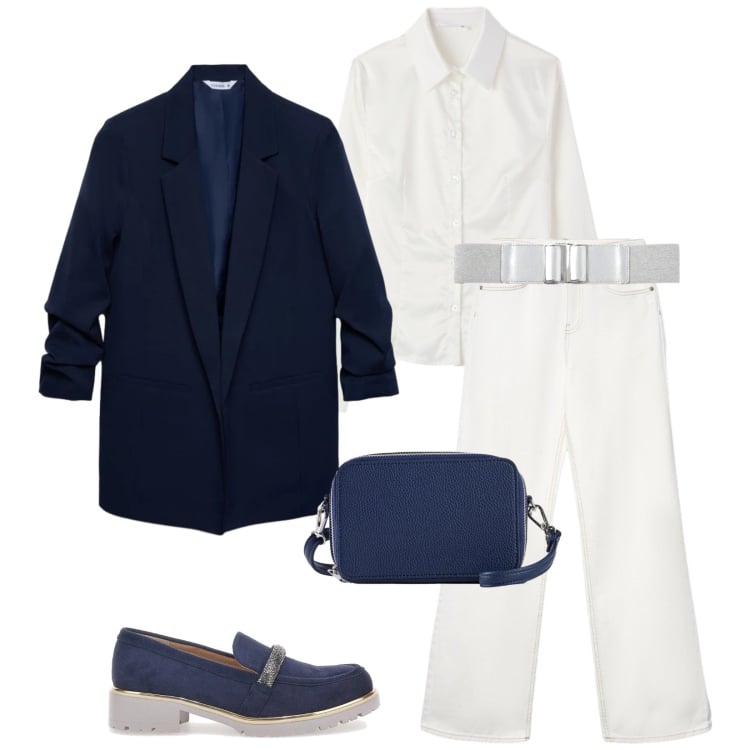 Outfit donna - Total look #2396065. Stile Casual per Tutti i giorni. Abbinamento con borse a tracolla, jeans, blazer, camicie, cinture, mocassini.