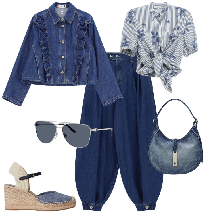 Outfit donna - Sporty chic ufficio tempo libero. Stile Sporty chic per Tutti i giorni. Abbinamento con blazer, jeans, camicie a manica corta, occhiali da sole, borse a spalla, espadrillas.