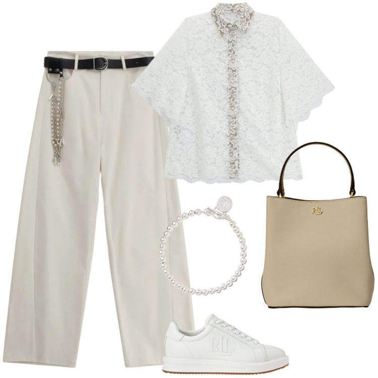 Outfit donna - Relaxed. Stile Casual chic per Serata fuori. Abbinamento con camicie a manica corta, pantaloni a palazzo, braccialetti, sneakers, borse a secchiello.
