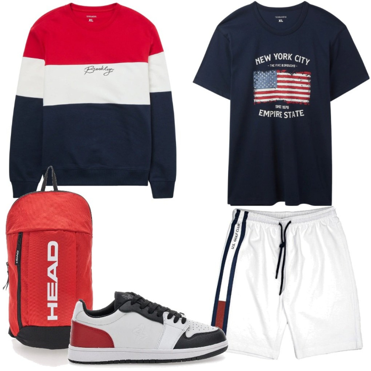Outfit uomo - 51. Stelle&strisce. Stile Urban per Tutti i giorni. Abbinamento con t-shirt, felpe, pantaloni corti, sneakers, zaini.