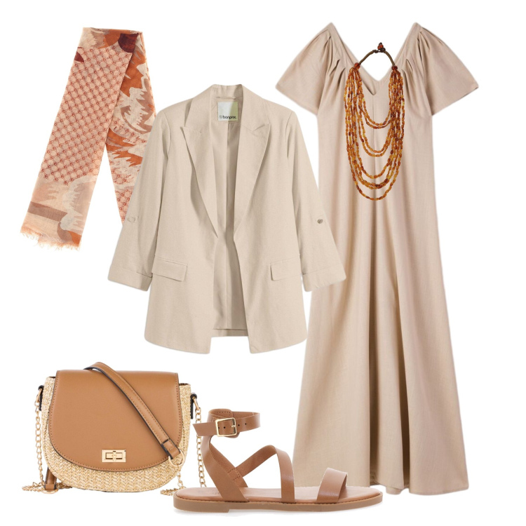 Outfit donna - Silhouette leggera in ufficio. Stile Glamour per Ufficio. Abbinamento con blazer, borse a tracolla, vestiti lunghi, collane, sandali in pelle, foulard.
