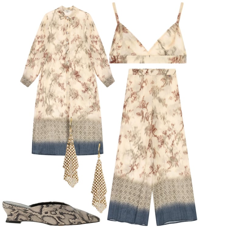 Outfit donna - Dixie sryle. Stile Glamour per Serata fuori. Abbinamento con pantaloni a palazzo, sabot, top, vestiti lunghi, orecchini.
