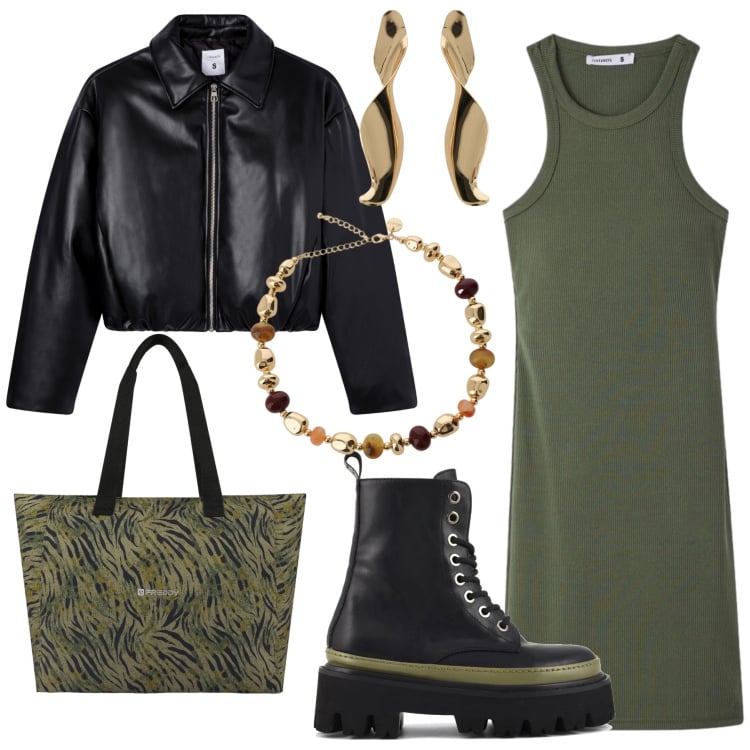Outfit donna - Urban Armor. Stile Casual chic per Tutti i giorni. Abbinamento con giacche, vestiti midi/longuette, orecchini, collane, shopping bag, anfibi.