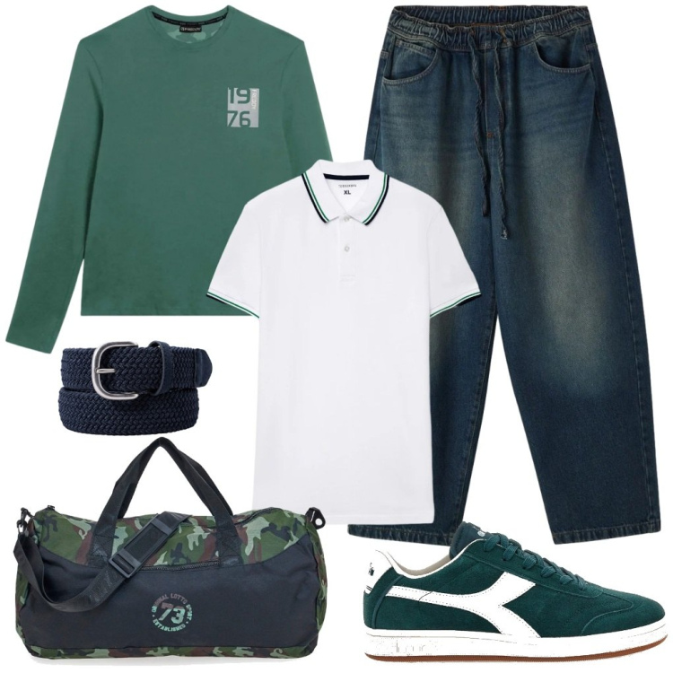 Outfit uomo - 52. Millenovecentosettantasei. Stile Urban per Tutti i giorni. Abbinamento con jeans, polo, t-shirt, cinture, borse sportive, sneakers.
