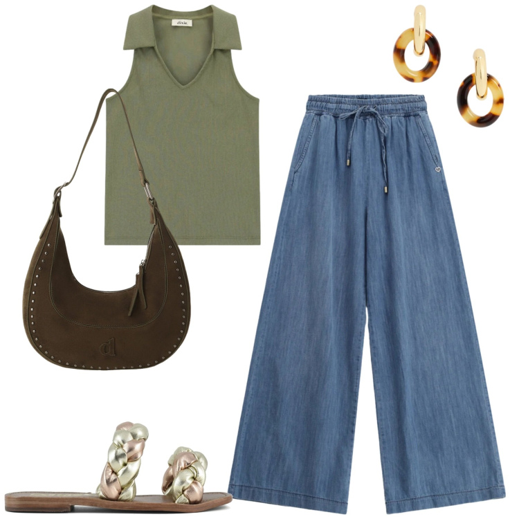 Outfit donna - City. Stile Casual per Tutti i giorni. Abbinamento con jeans, cappotti, top, orecchini, ciabatte.