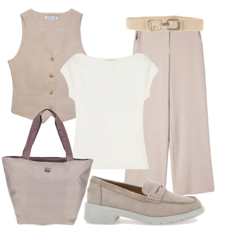 Outfit donna - Total look #2396079. Stile Mannish per Ufficio. Abbinamento con gilet, pantaloni, top, mocassini, shopping bag, cinture.