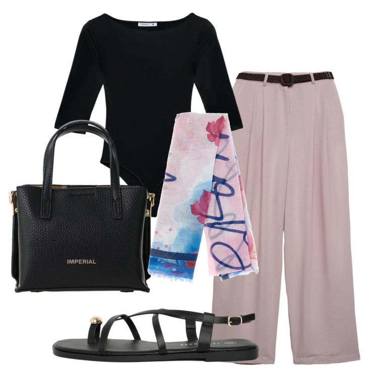Outfit donna - Total look #2396082. Stile Casual chic per Ufficio. Abbinamento con pantaloni, t-shirt, sandali, borse a tracolla, foulard.