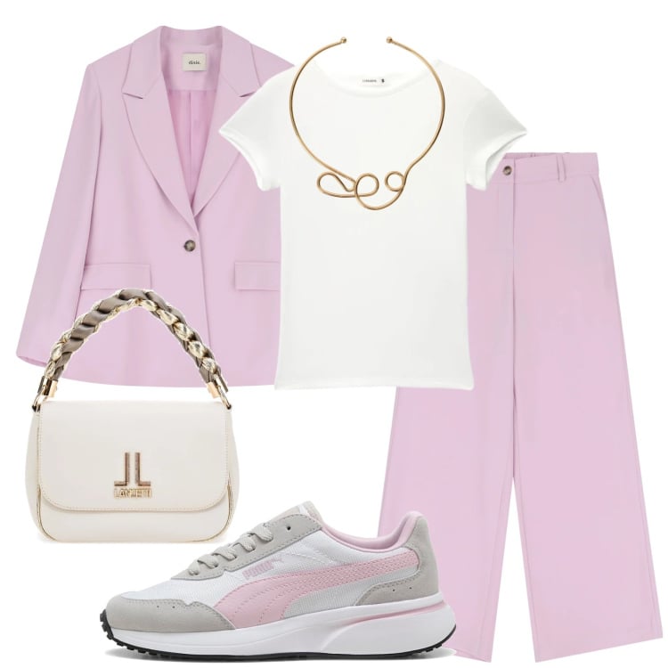 Outfit donna - Total look #2396083. Stile Mannish per Ufficio. Abbinamento con t-shirt, pantaloni a palazzo, blazer, collane, borse a tracolla, sneakers.