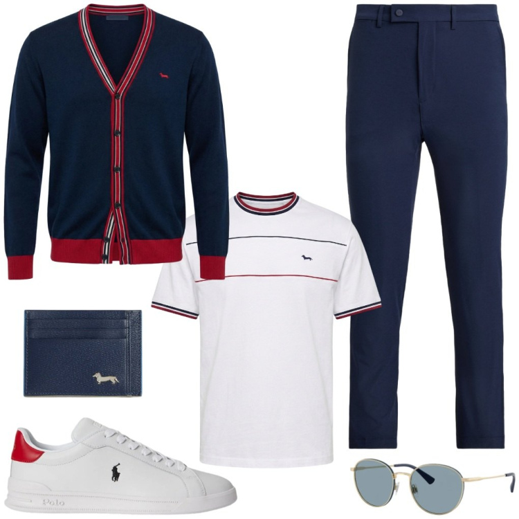 Outfit uomo - 55. Profili. Stile Casual per Tutti i giorni. Abbinamento con cardigans, portafogli, t-shirt, pantaloni, sneakers, occhiali da sole.