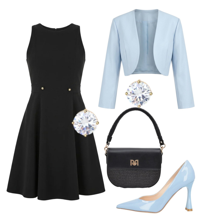 Outfit donna - Cena chic focus punto vita. Stile Chic per Serata fuori. Abbinamento con décolleté, vestiti corti, borse a spalla, bolero, orecchini.