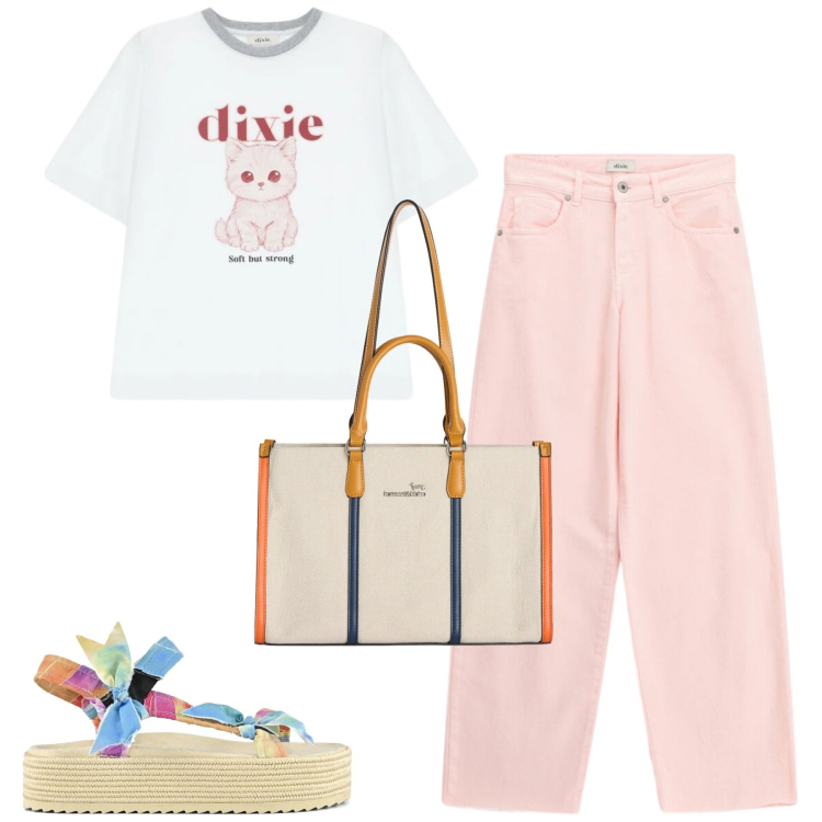 Outfit donna - Maggio. Stile Casual per Tutti i giorni. Abbinamento con borse tote, jeans, t-shirt, sandali.