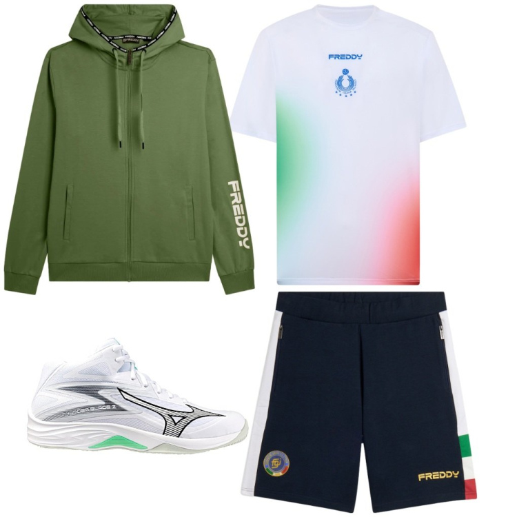 Outfit uomo - 56. Patriottico. Stile Urban per Sport. Abbinamento con t-shirt, shorts, felpe con cappuccio, pantaloncini sportivi, sneakers alte.