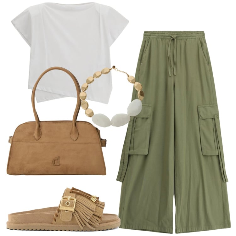 Outfit donna - Dixie e colors of California. Stile Casual per Tutti i giorni. Abbinamento con cappotti, pantaloni cargo, collane, t-shirt, sandali in pelle.