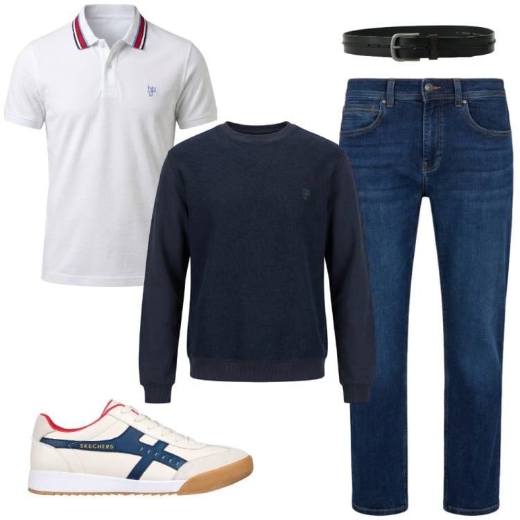Outfit uomo - 58. Sempre tanto entusiasta. Stile Urban per Tutti i giorni. Abbinamento con cinture, felpe, jeans dritti, polo, sneakers.