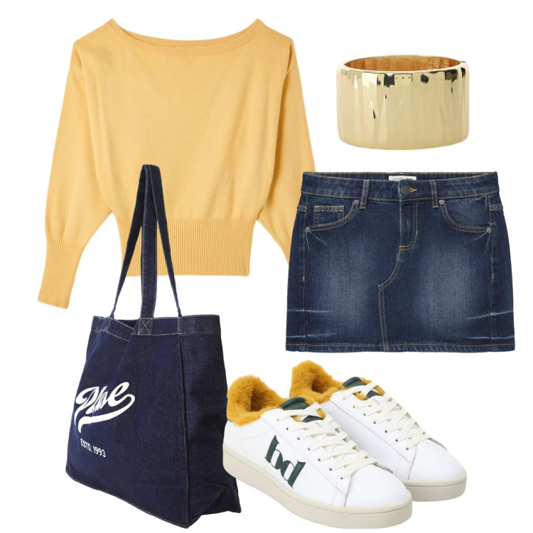 Outfit donna - Total look #2396097. Stile Casual per Tutti i giorni. Abbinamento con pullovers, minigonne, shopping bag, braccialetti, sneakers.