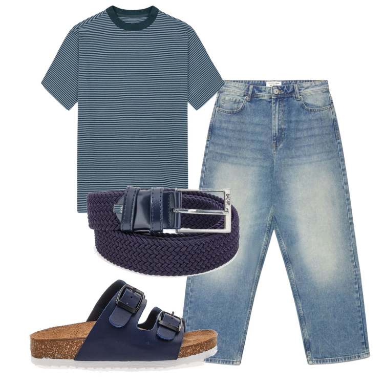Outfit uomo - Total look #2396101. Stile Casual per Tutti i giorni. Abbinamento con jeans dritti, t-shirt, sandali, cinture.