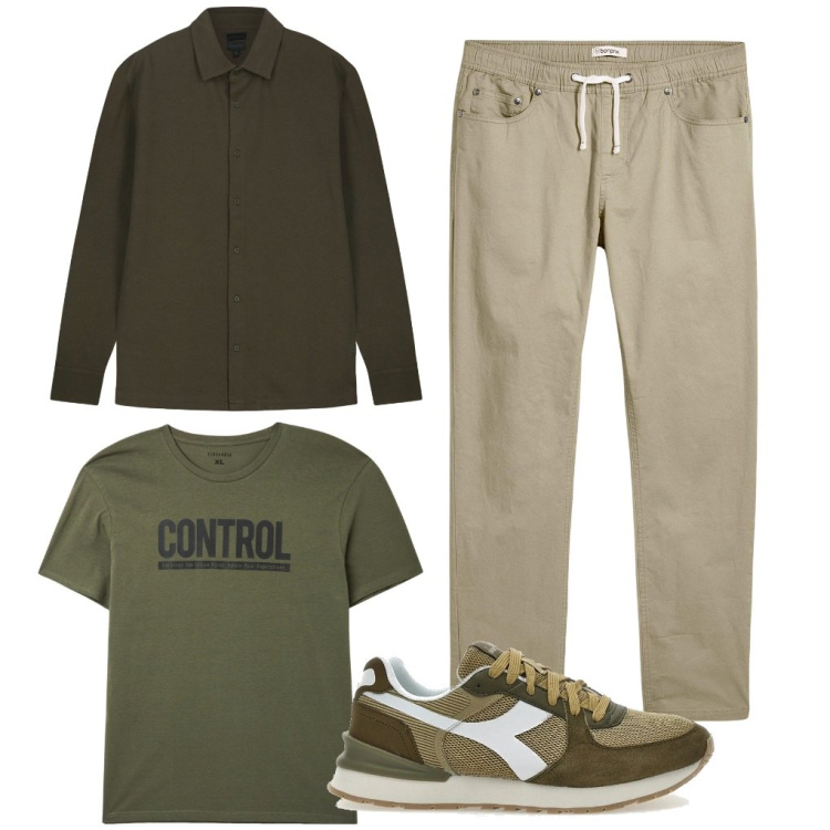 Outfit uomo - 60. Sotto tono. Stile Urban per Tutti i giorni. Abbinamento con pantaloni, t-shirt, polo, sneakers.