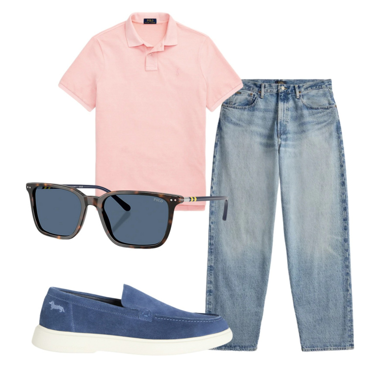 Outfit uomo - Total look #2396109. Stile Casual per Tutti i giorni. Abbinamento con scarpe stringate, jeans, occhiali da sole, polo.