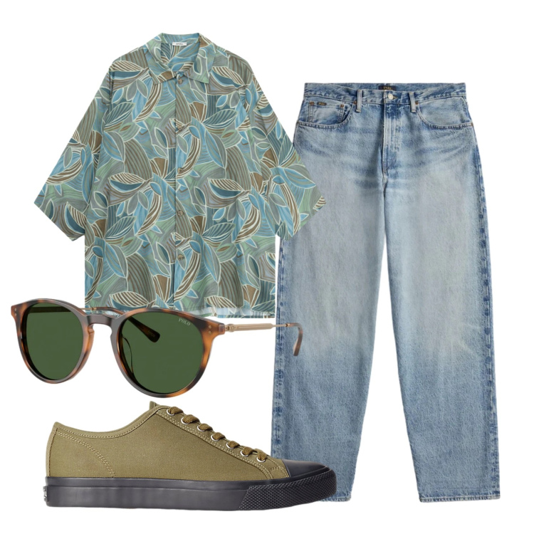 Outfit uomo - Total look #2396110. Stile Trendy per Serata speciale. Abbinamento con camicie a manica corta, sneakers, jeans, occhiali da sole.