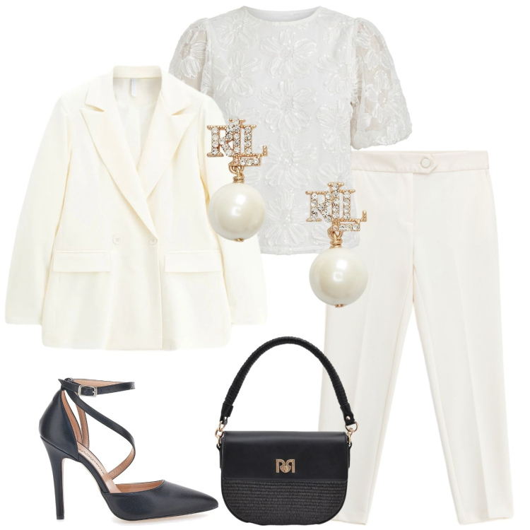 Outfit donna - Total look #2396112. Stile Bon Ton per Cerimonia. Abbinamento con pantaloni, blazer, borse a spalla, bluse, orecchini, décolleté.