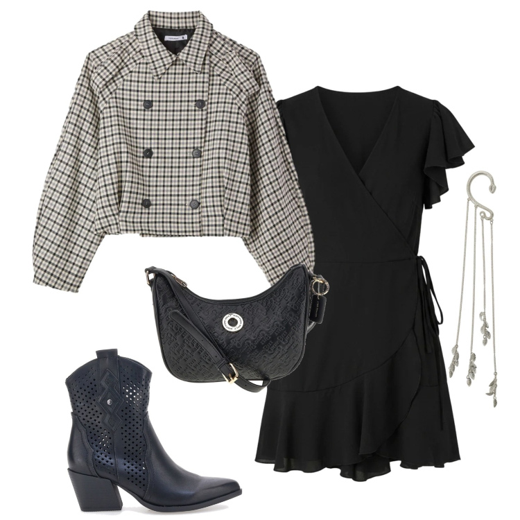 Outfit donna - Total look #2396117. Stile Urban per Tutti i giorni. Abbinamento con caban, vestiti corti, orecchini, stivaletti texani, borse a tracolla.