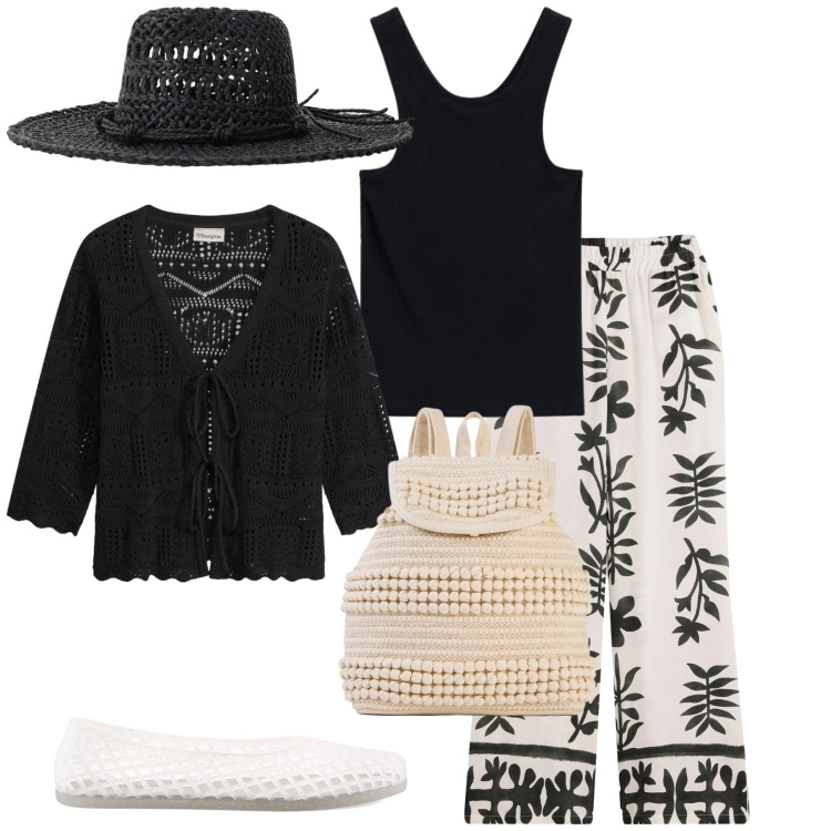 Outfit donna - Total look #2396120. Stile Casual chic per Tutti i giorni. Abbinamento con pantaloni, cardigans, zaini, cappelli, top, ballerine.