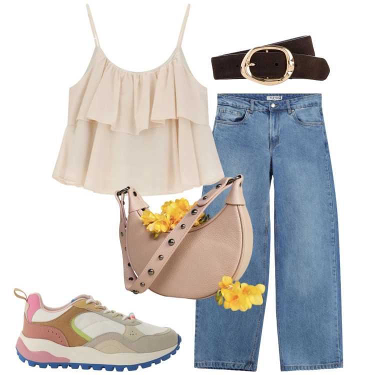 Outfit donna - Total look #2396125. Stile Casual chic per Tutti i giorni. Abbinamento con cinture, jeans, top, sneakers, borse a spalla.