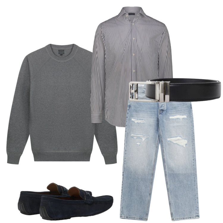 Outfit uomo - Total look #2396131. Stile Trendy per Serata speciale. Abbinamento con jeans strappati, cinture, scarpe stringate, maglieria, camicie.