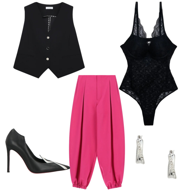 Outfit donna - Sexy chic. Stile Sexy per Tutti i giorni. Abbinamento con décolleté, body, pantaloni a palazzo, gilet, orecchini.