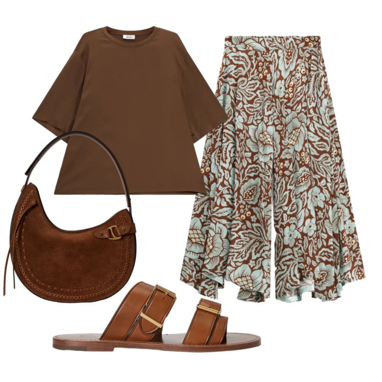 Outfit donna - Total look #2396148. Stile Etnico per Ufficio. Abbinamento con pantaloni a palazzo, t-shirt, sandali in pelle, borse a spalla.