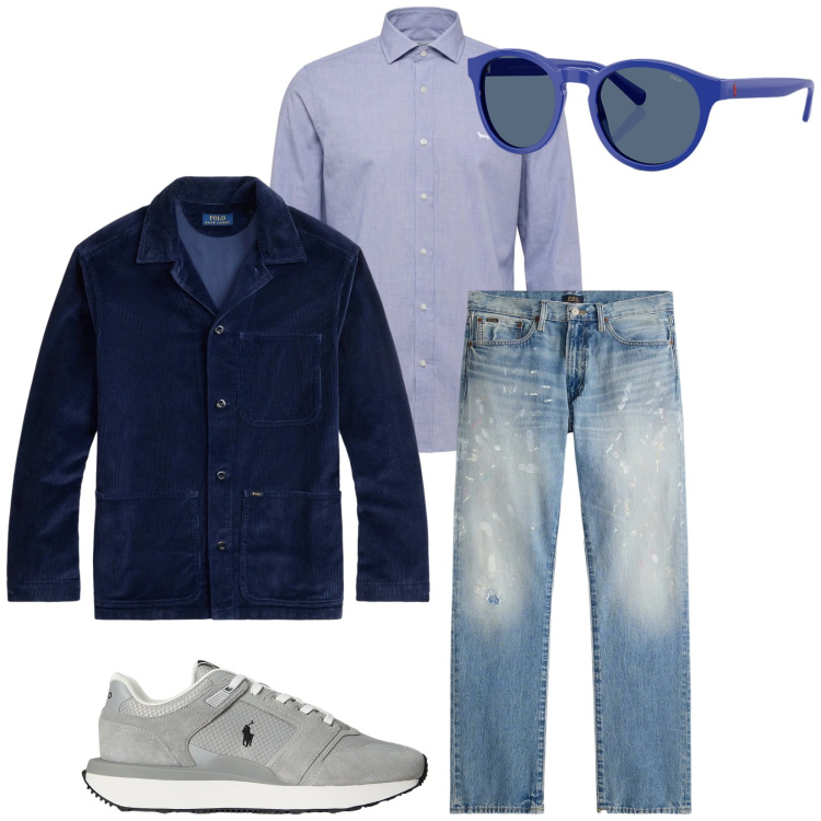 Outfit uomo - Total look #2396151. Stile Trendy per Tutti i giorni. Abbinamento con camicie, occhiali da sole, giacche, jeans dritti, sneakers.