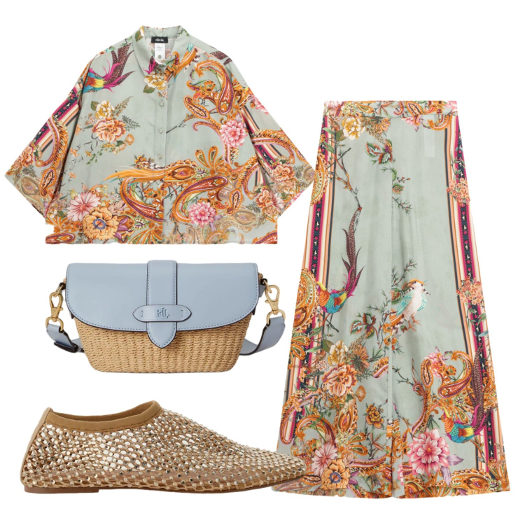 Outfit donna - Total look #2396156. Stile Glamour per Cerimonia. Abbinamento con pantaloni a palazzo, camicie, ballerine, borse a spalla.