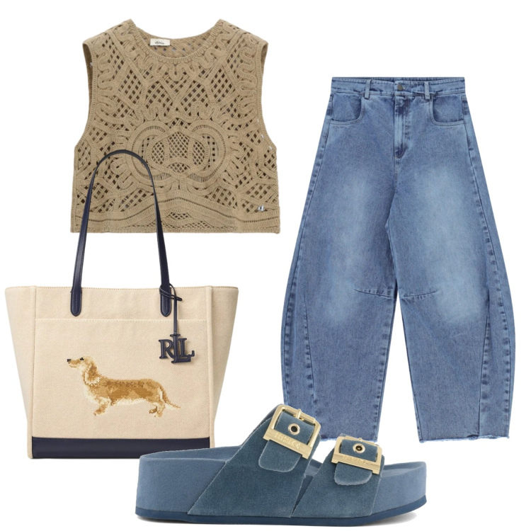 Outfit donna - Total look #2396157. Stile Casual per Tutti i giorni. Abbinamento con top, jeans, borse tote, ciabatte.