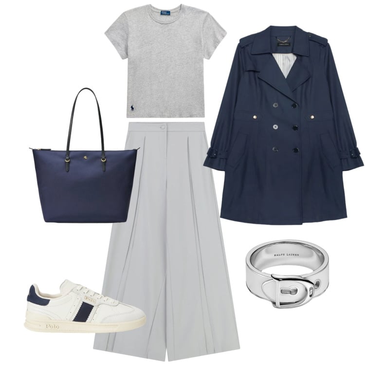 Outfit donna - Armocromia estate fredda. Stile Casual chic per Cerimonia. look ideale per Petite. Abbinamento con pantaloni a palazzo, trench, t-shirt, sneakers, borse tote, anelli.