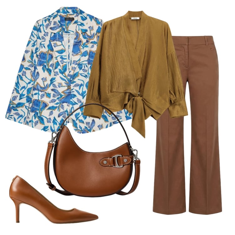 Outfit donna - In ufficio. Stile Casual chic per Ufficio. Abbinamento con pantaloni, bluse, blazer, borse a tracolla, décolleté.