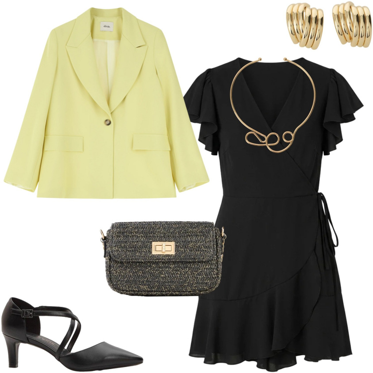 Outfit donna - Per una serata in primavera. Stile Trendy per Serata fuori. Abbinamento con décolleté, borse a tracolla, vestiti corti, blazer, collane, orecchini.