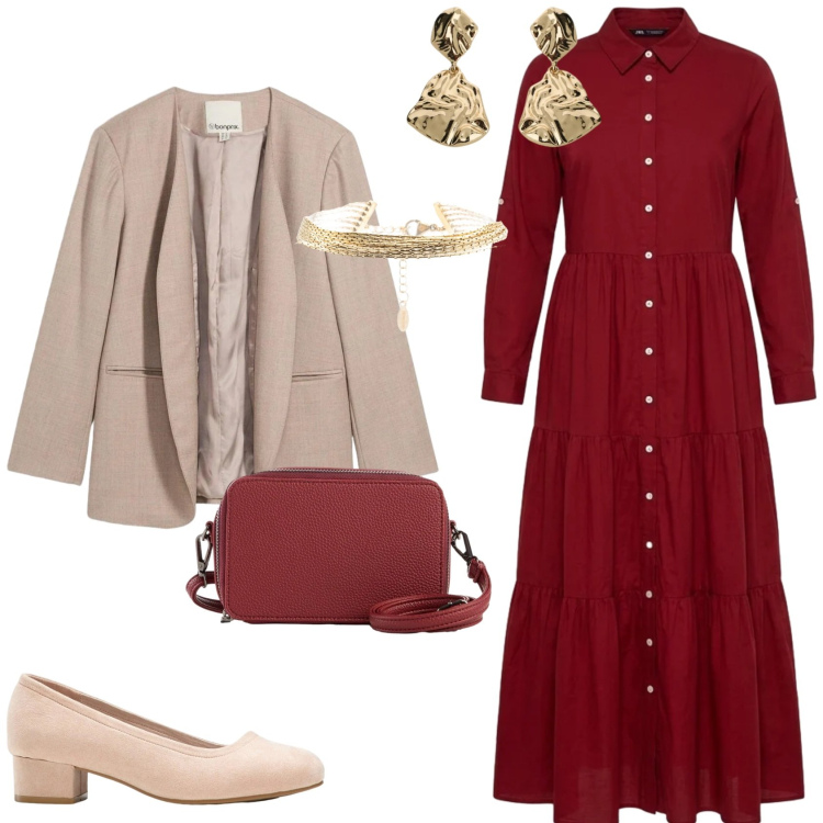 Outfit donna - Per una serata fuori. Stile Bon Ton per Serata fuori. Abbinamento con décolleté, borse a tracolla, blazer, vestiti chemisier, orecchini, braccialetti.