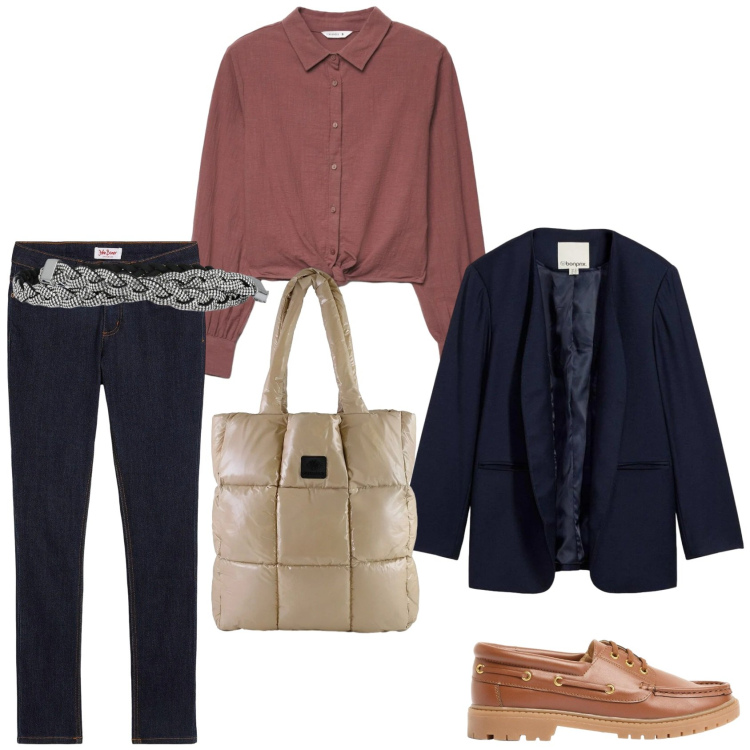 Outfit donna - Un outfit per l\'ufficio in primavera. Stile Urban per Ufficio. Abbinamento con blazer, jeans skinny, mocassini, camicie, cinture, shopping bag.
