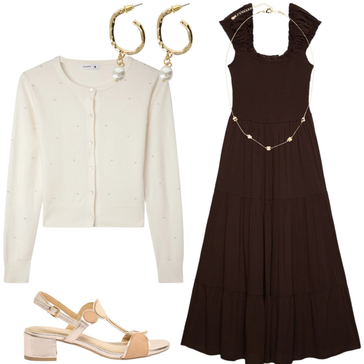 Outfit donna - Minimal e romantico. Stile Romantica per Serata fuori. Abbinamento con sandali col tacco, collane, vestiti lunghi, cardigans, orecchini.